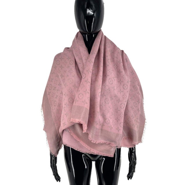 Louis Vuitton Pink Monogram Silk Wool Scarf. Dusty pink monogram jacquard shawl with tone-on-tone grey-pink LV monogram, a...