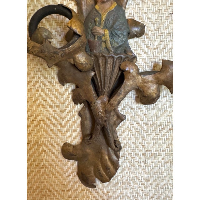 1960s Pair of Vintage Chinoiserie Figural Gilt Metal Candle Wall Sconces For Sale - Image 5 of 12