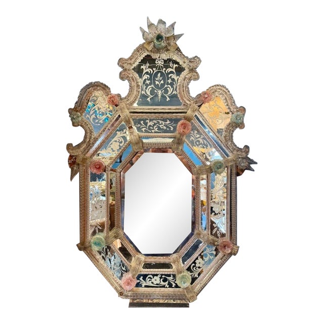 Antique Italian Etched Venetian Mirror With Pink Flowers For Sale