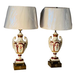 Pair of Antique French Handpainted Porcelain Lamps on Bronze Bases For Sale