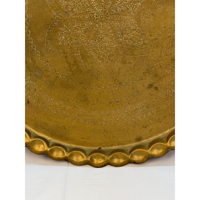Large Vintage Engraved Brass Tray With Botanical Decoration and Scalloped Rim For Sale - Image 6 of 13