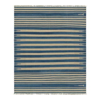 Rug & Kilim’s Contemporary Dhurrie Rug in Blue and Beige Stripes For Sale