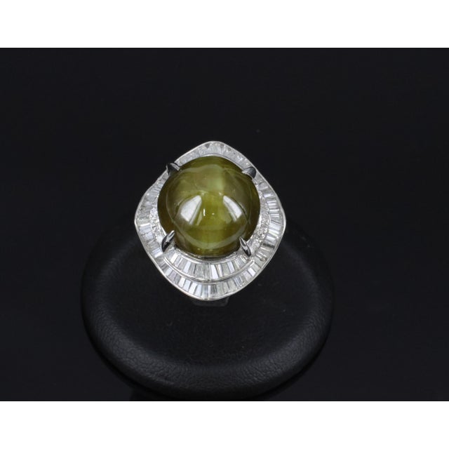 Late 20th Century Massive 28.70ct Chrysoberyl Cat's Eye & 1.94ct Diamond Platinum Ring Size 6.25 For Sale - Image 10 of 17