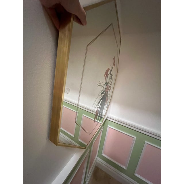 Metal Octagon Brass Etched Colored Floral Mirror, Circa 1970 For Sale - Image 7 of 8