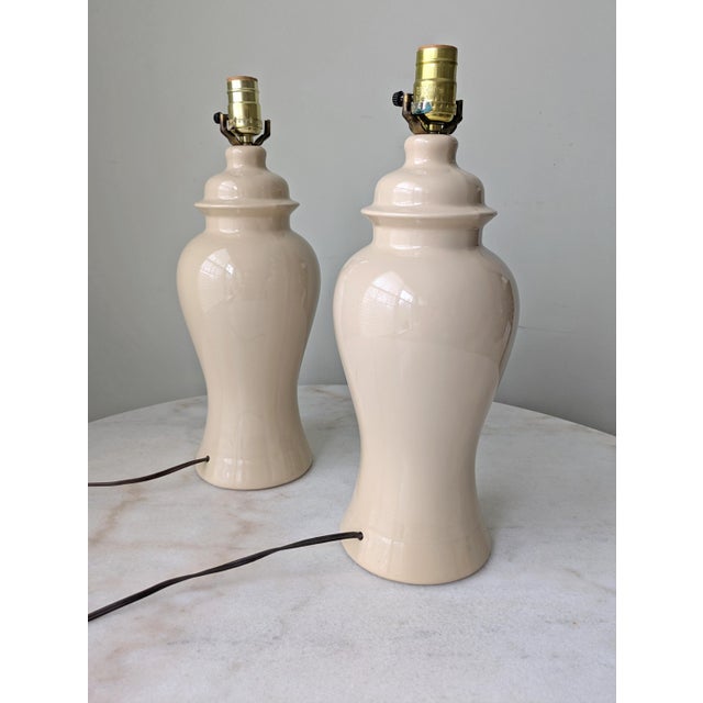 Ceramic Vintage Beige Ginger Jar Glazed Ceramic Table Lamps - a Pair For Sale - Image 7 of 8