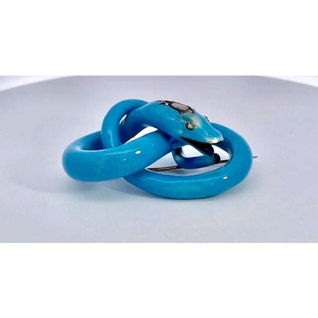 Mid 19th Century Antique Circa 1890 Enamel Diamond Snake Brooch, 38.4g Gold, Blue For Sale - Image 5 of 9