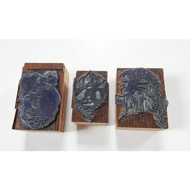 Mid Century Etched Metal & Wood Print Blocks Turban Faces Wings - Set of 3 For Sale In Seattle - Image 6 of 6