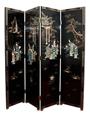 Mid 20th Century Chinese Four-Panel Lacquered Coromandel Screen With Mother-Of-Pearl Inlay