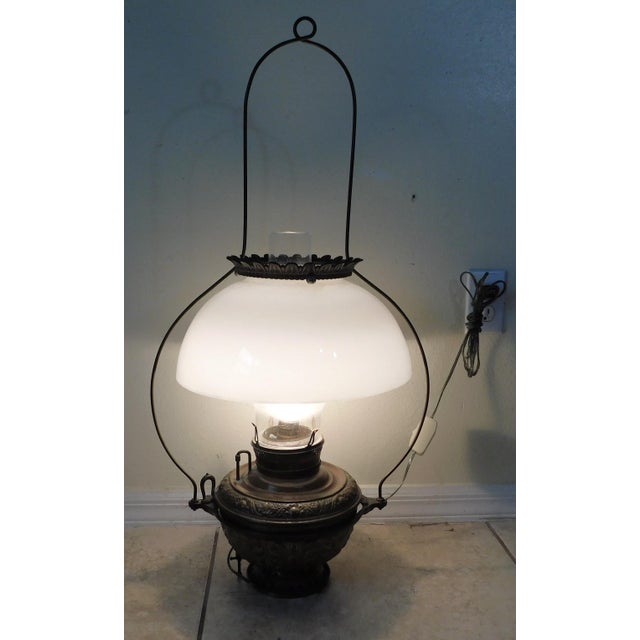 Antique C1887 Bradley & Hubbard Milk Glass Cast Iron Hanging Lantern Electrified Lamp For Sale - Image 13 of 15