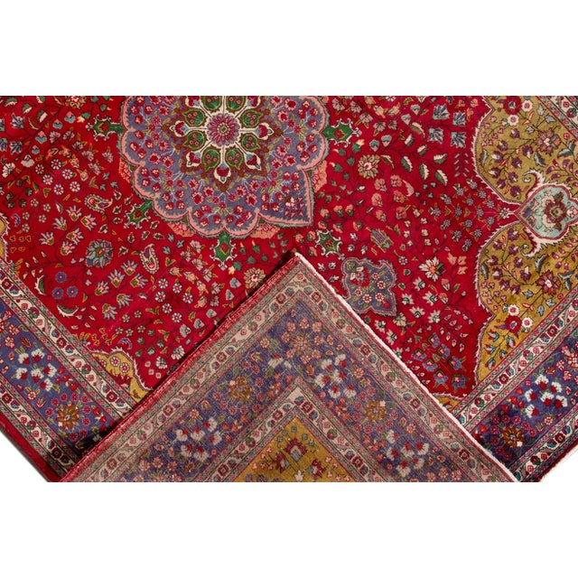 1920s Medallion Handmade Antique Persian Tabriz Wool Rug With Red Field For Sale In New York - Image 6 of 7