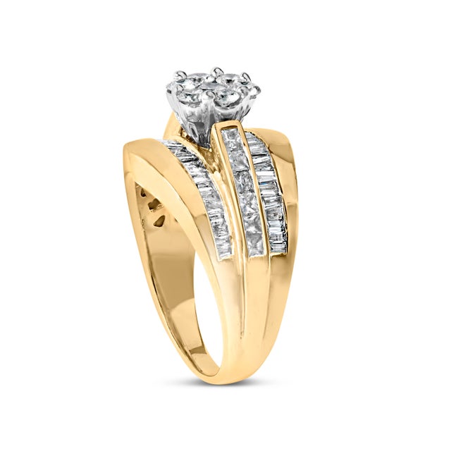 14K Yellow Gold 2-1/3 Cttw Diamond Cluster Channel Set Chevron Shaped Engagement Ring (H-I Color, SI1-SI2 Clarity) - Ring Size 9 For Sale - Image 4 of 7