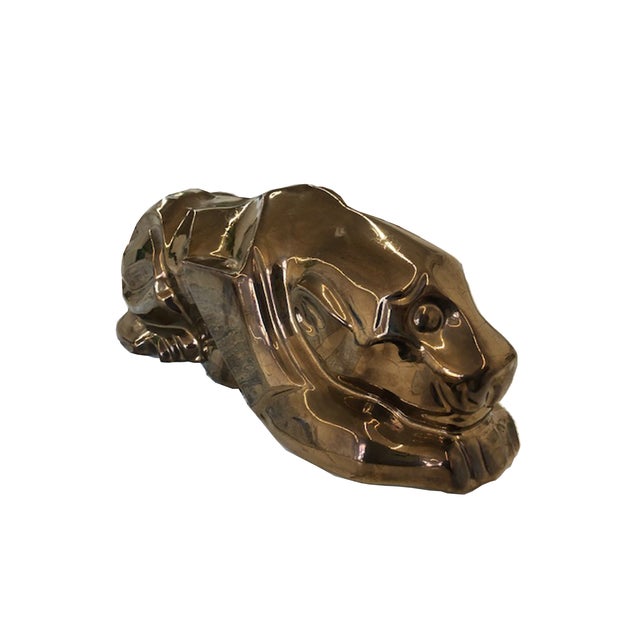 Handmade Dark Gold Lacquer Lion Ceramic Statue For Sale - Image 4 of 8