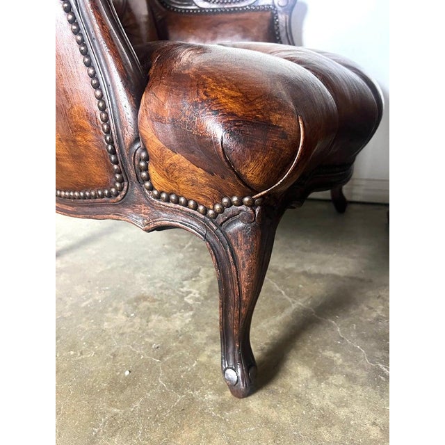 Pair of French Leather Tufted Wingback Chairs C. 1930 For Sale - Image 4 of 13