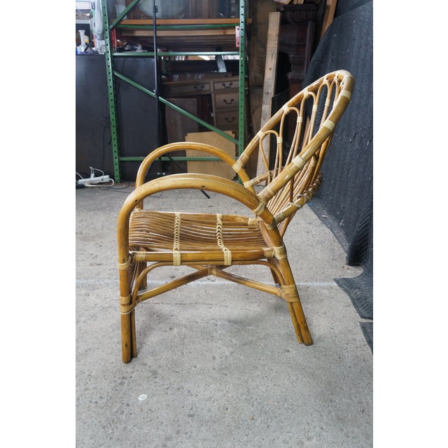 Pair Mid Century Modern Rattan Bamboo Armchairs Boho Sunburst Fan Back Chairs For Sale - Image 15 of 18