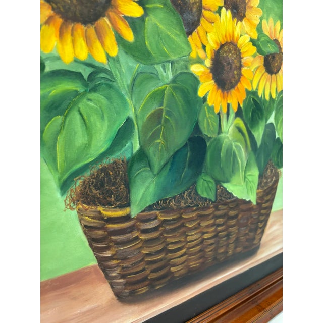 Vintage Still Life Oil Painting of Sunflowers in Basket by Susana Garden 1995 For Sale - Image 11 of 13