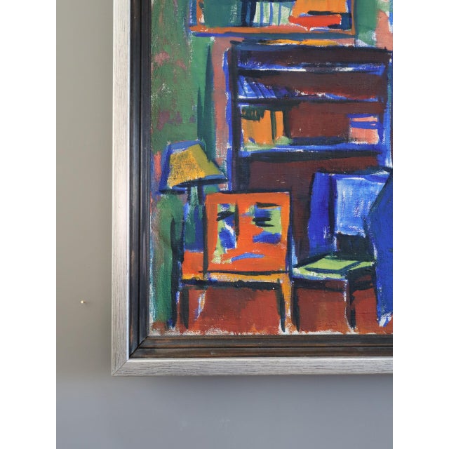 Textile Mid-Century Modern 'Vibrant Interior' Vintage Original Expressive Interior Oil Painting, Framed For Sale - Image 7 of 12