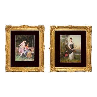 19th Century Pair Italian Porcelain Plaques on Gilt Frames With Red Velvet Mats For Sale