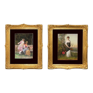19th Century Pair Italian Porcelain Plaques on Gilt Frames With Red Velvet Mats
