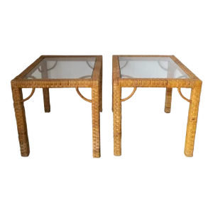 1970’s Cane Rattan Wrapped Rectangular Side Tables With Glass Top - a Pair