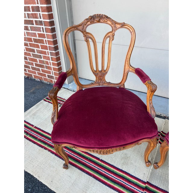 A Very Nice Pair of French Louis XV Style Carved Fruitwood Bergere Arm Chairs, 1950’s Most likely made in France, circa...