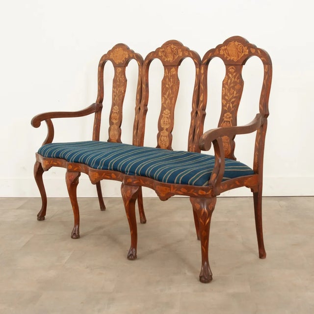 Dutch 18th Century Three-Seat Marquetry Inlay Settee For Sale - Image 4 of 13