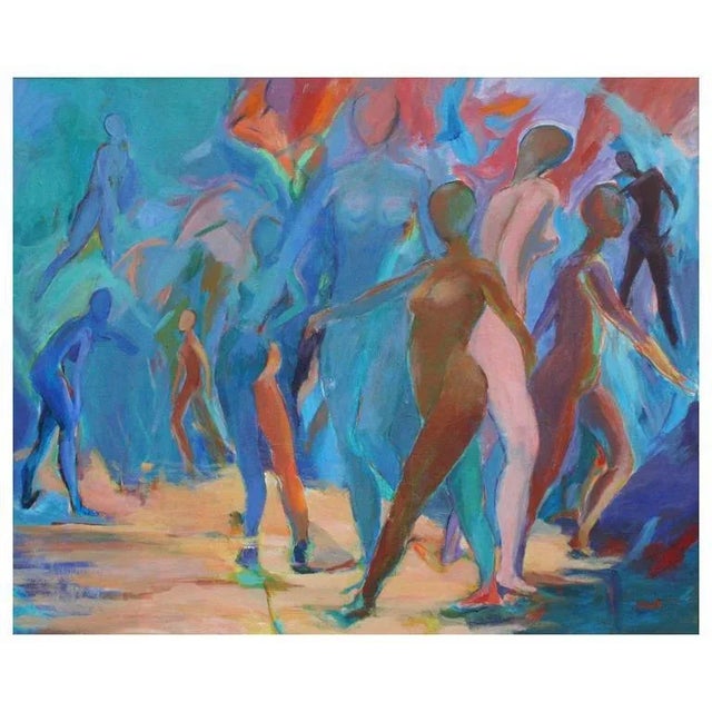 Beautiful abstract figurative painting of women on the beach in motion by unknown artist. The Bay Area Figurative movement...