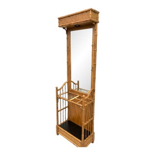 Vintage Faux Bamboo & Woven Rattan American of Martinville Mirrored Hall Tree Umbrella Stand Coat Rack For Sale