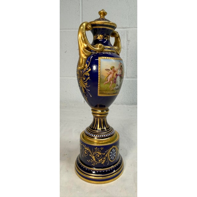 Gold Antique Hand Painted Royal Vienna Porcelain Cobalt Gold Lidded Vase Mini Urn For Sale - Image 8 of 16