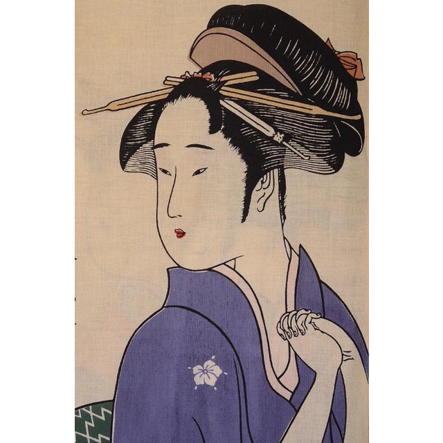1963 Japanese Dyed Fabric Kitagawa Utamaro Ukiyo-E Geisha Woodblock Wall Calendar For Sale - Image 9 of 12