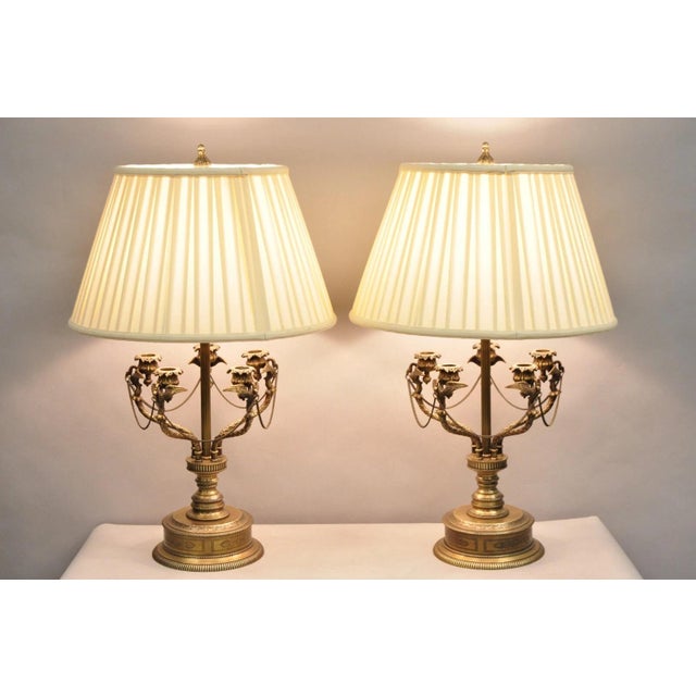 Vintage French Regency Style Brass Swans Candelabra Table Lamps - A Pair For Sale - Image 12 of 12