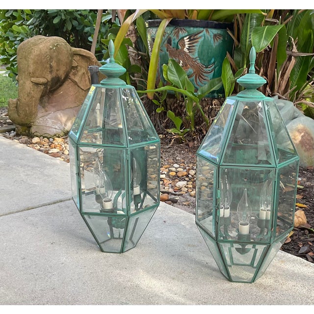 Pair of Vintage Solid Brass Wall Lanterns – Large Beveled Glass Sconces For Sale In Miami - Image 6 of 17