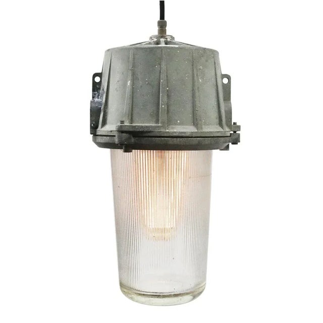 Metal Vintage Industrial Grey Metal & Striped Glass Pendant Lights For Sale - Image 7 of 7