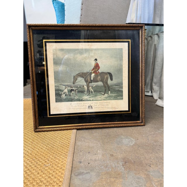 Stunning large size, antique hand colored original print of Charles Davis on the Traverse. Classic English horse motif...