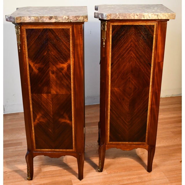1900s Pair Antique French Louis XV Walnut & Satinwood Marble Top Lingerie Stands For Sale - Image 12 of 12
