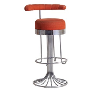 Italian Chrome Bar Stool in Original Orange Upholstery, 1970s - 3 Available For Sale