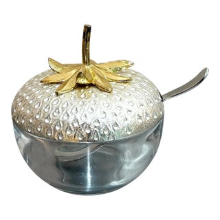 Silverplate/Glass Lidded Strawberry Jam Bowl W/ Spoon For Sale