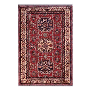 Southwestern Super Kazak Red/Tan Wool Rug - 4'3'' X 5'8'' For Sale