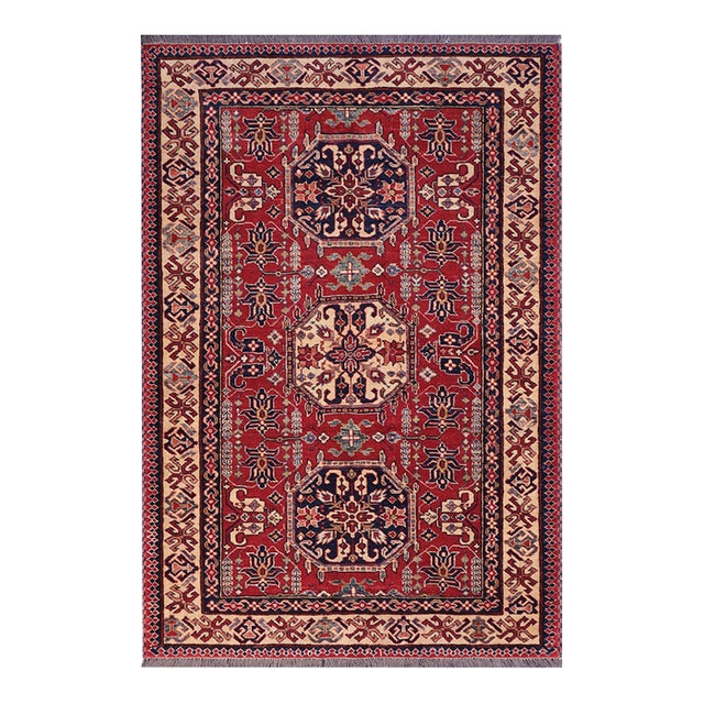 Southwestern Super Kazak Red/Tan Wool Rug - 4'3'' X 5'8'' For Sale