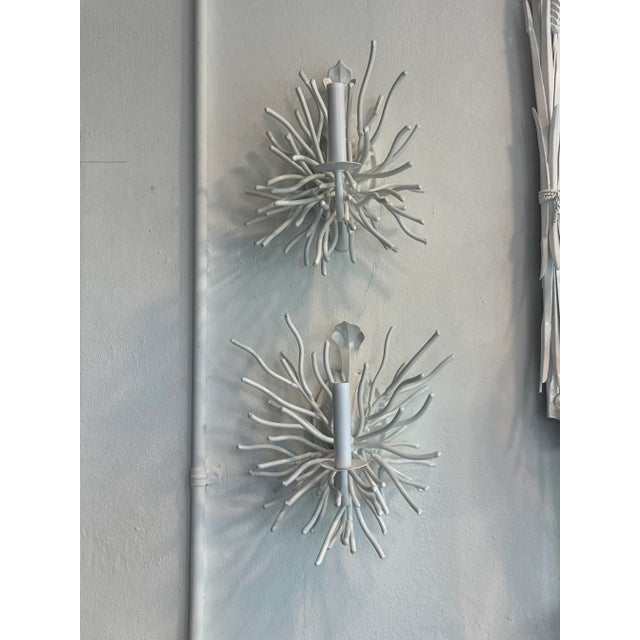 Metal Vintage Pair Palm Beach Coral Metal Tole Wall Sconces Lights Newly Wired White For Sale - Image 7 of 12