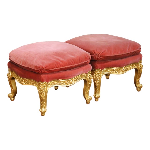 Pair of 19th Century French Louis XV Giltwood Stools With Velvet Cushions For Sale