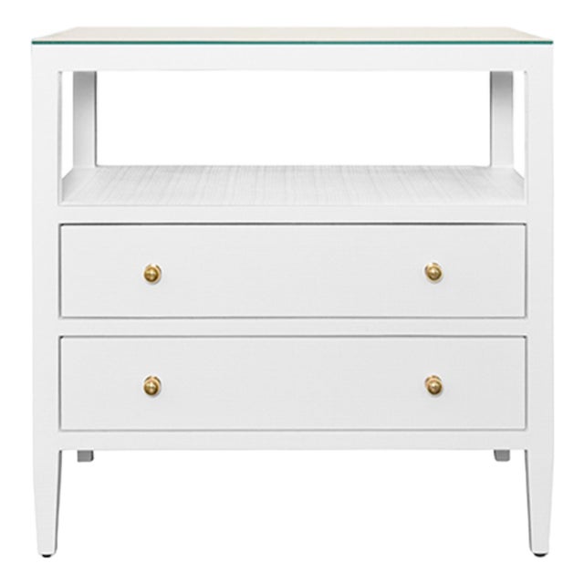 Matthew Izzo Home Douglas Textured White Linen Two Drawer Side Table With One Open Shelf, Glass Top and Polished Brass Knobs For Sale