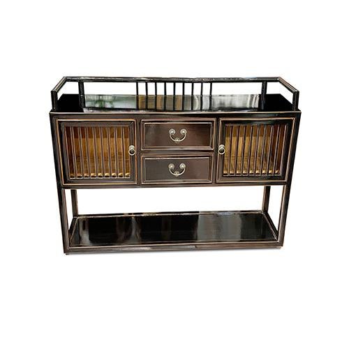 Asian Black Lacquer Stand Console Table is made out of elm wood. It has 2 Drawers, and 2 Doors and bottom shelf. It is...