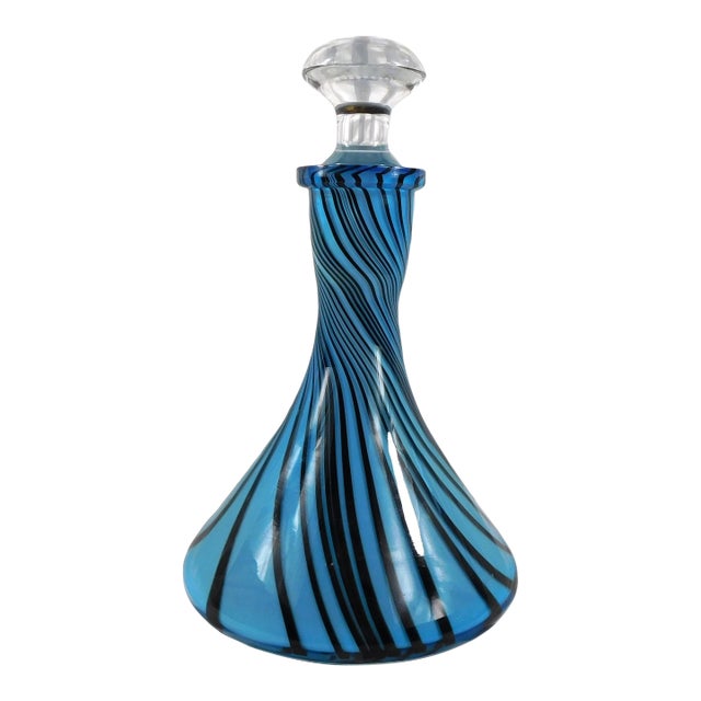 Blue and Black Striped Wide Bottom Decanter or Vase # 27159 For Sale