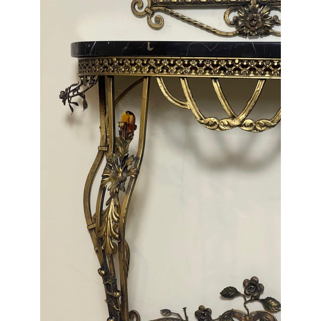 Bronze 1920s Oscar Bach Gilded Iron Console and Beveled Mirror Set With Black Marble Top, Attributed For Sale - Image 8 of 18