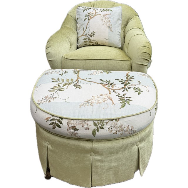 Light Green Custom Tufted Green Lounge Chair & Ottoman Set in Floral Colefax and Fowler For Sale - Image 8 of 18
