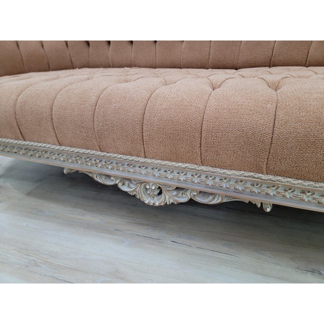 Vintage French Rococo Sofa – Tufted Louis XV Style Couch in Textured Linen Fabric, Ornate Carved Wood Settee, Warm Terracotta For Sale - Image 10 of 11
