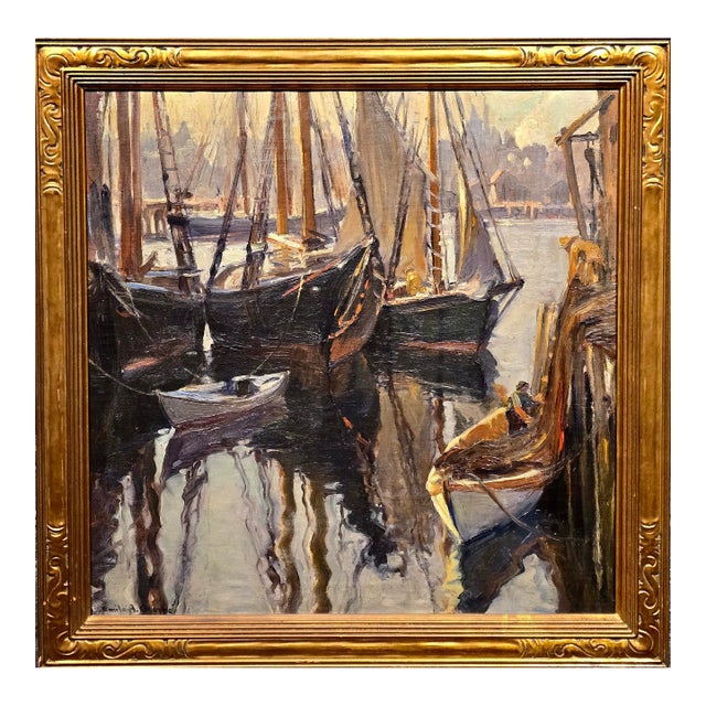 Émile Albert Gruppe–Boats in Gloucester Harbor at Sunset, C. 1930s–Oil on Canvas For Sale