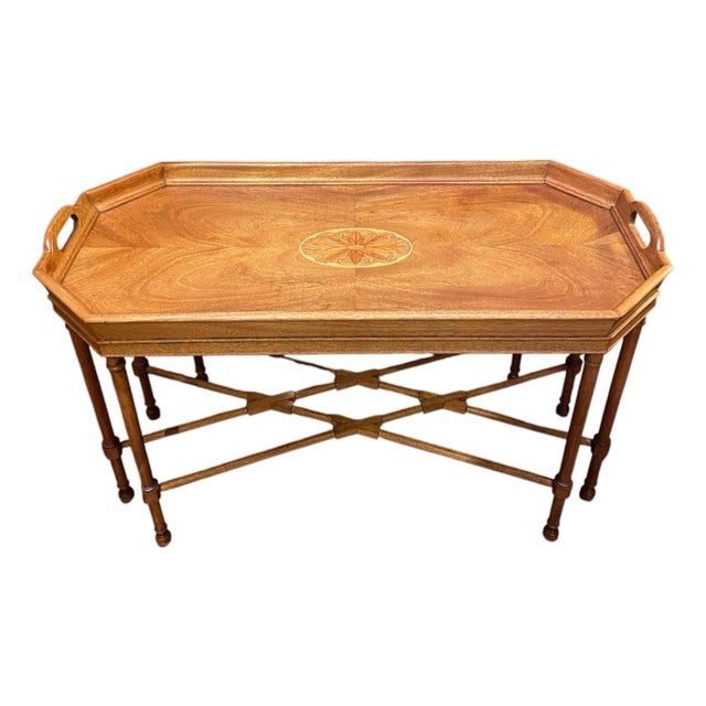 Vintage Drexel Floral Marquetry Inlay Cocktail Coffee Fixed Tray Table For Sale