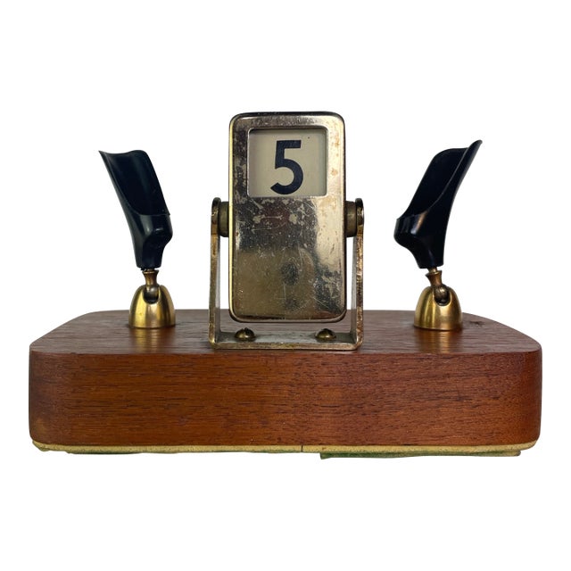 Mid-Century Brass & Walnut Perpetual Calendar Desk Set With Pen Holders For Sale