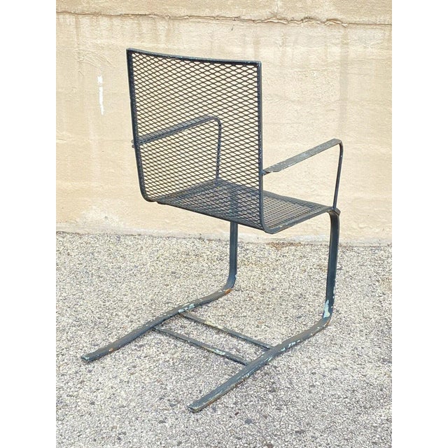 Green Mid 20th Century Industrial Modern Wrought Iron Mesh Spring Cantilever Patio Chair For Sale - Image 8 of 9
